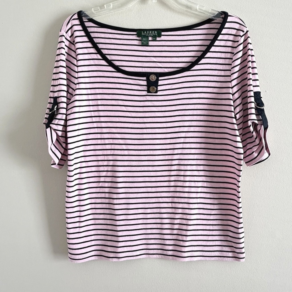 Lauren Ralph Lauren Petite Pink Black Striped Cotton Scoop Neck Top P/L